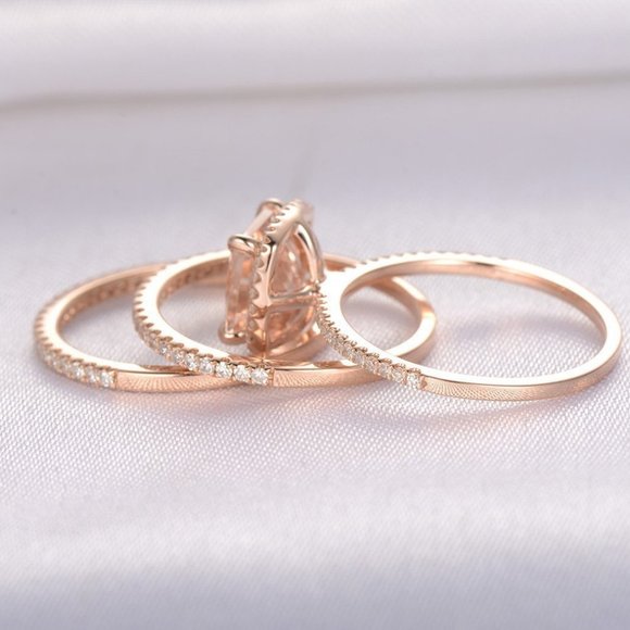 NEW 18K Rose Gold Cushion Morganite 3PC Ring Set Q - Picture 3 of 4